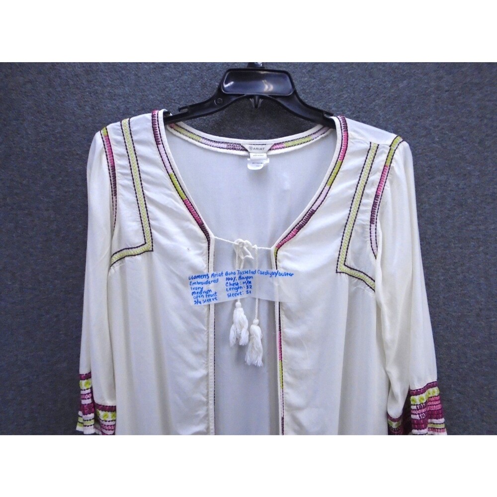 Ariat Womens Medium Boho Tasseled Cardigan Duster Embroidered Ivory 100% Rayon - Picture 2 of 11